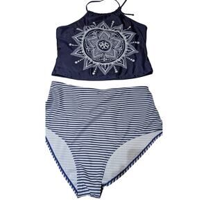L Mandala Tankini - Navy + white Halter tie Hi Waisted Striped Bikini Set NWOT